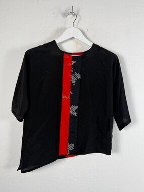Waka Japan Silk Asymmetrical Blouse Black Red Shibori Geometric Kimono Top Artsy